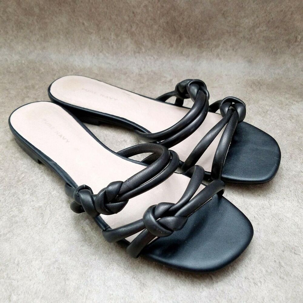 Pure Navy Womens   Sz 7.5 M Black  Leather 2 Strap Slide Sandals